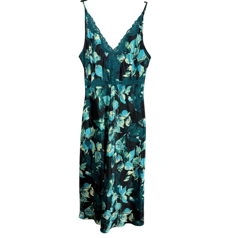 SENSARA Women's Large Teal Blue Floral Lace Trim Slip Dress Maxi